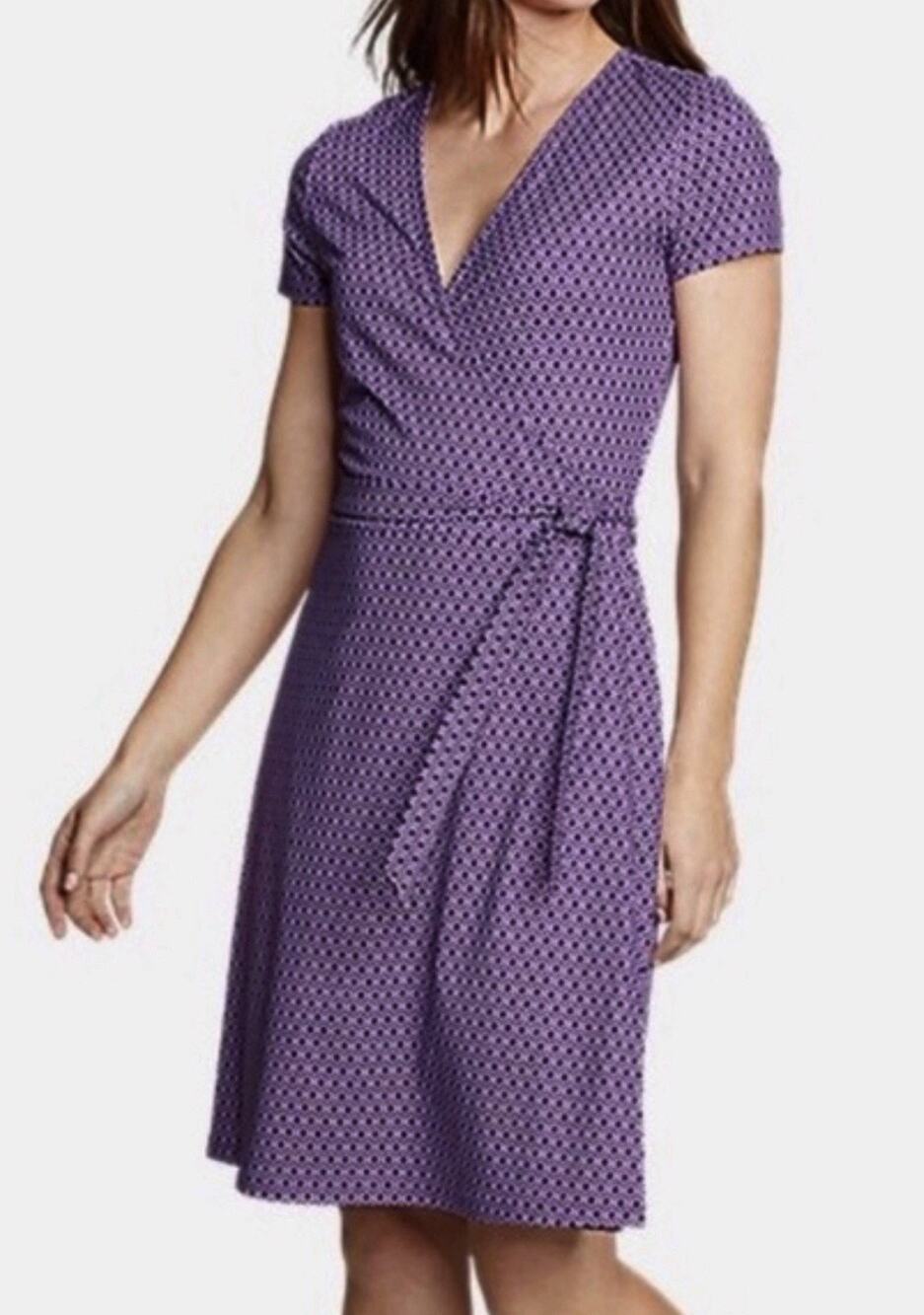 Eddie Bauer Aster Wrap Dress Amethyst Print Women's Medium V-Neck Cap Sleeve
